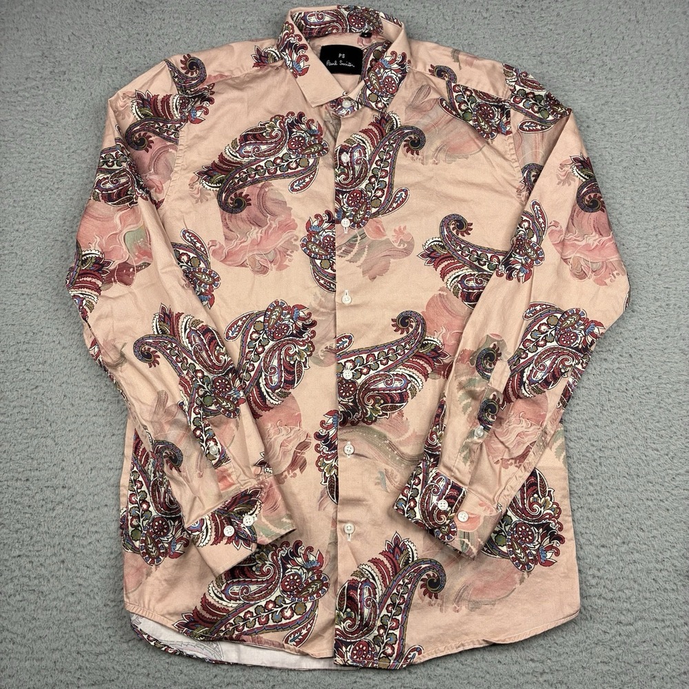 Paul Smith Men's Small Paisley Floral Button Up Shirt Pink Long Sleeve
